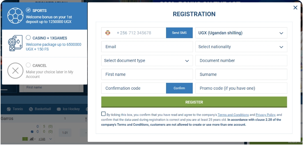 registration 1xbet ug